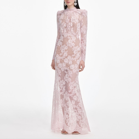 Self-Portrait Pale Pink Rhinestone Lace Maxi Dress - Picture 2 of 6